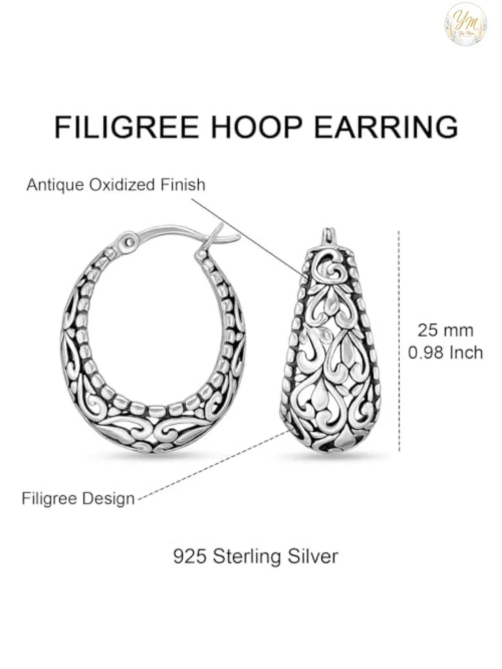 925 Sterling Silver Filigree Hoop Earrings Women Antique Oxidized Chunky